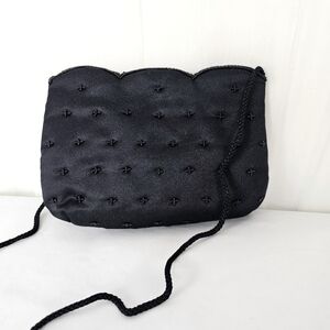 Vintage Genie black satin beaded evening bag with shoulder strap